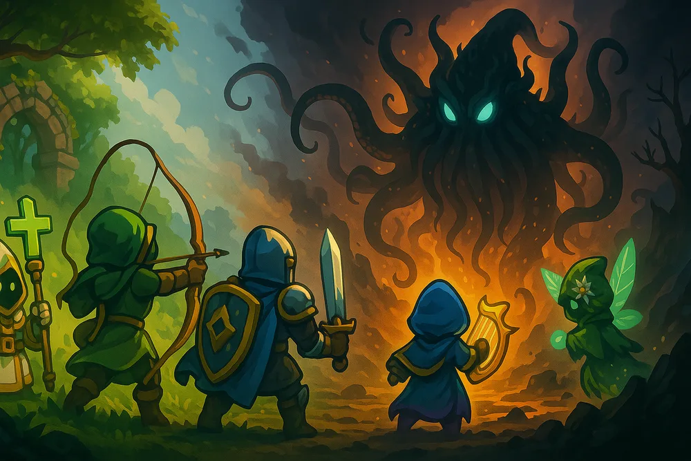 Arte de Alberath: héroes medievales enfrentan a una criatura de tentáculos