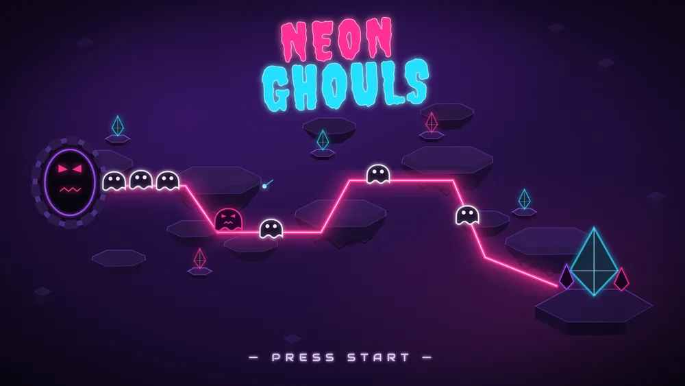 Portada de Neon Ghouls: fantasmitas de neón recorren un camino rosa sobre islas flotantes