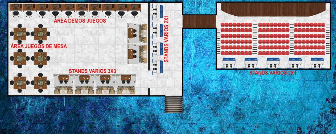 Plano del 2do piso: área de demos, juegos de mesa, stands 3x3 y 2x1, y anfiteatro