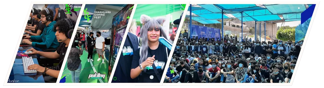 Collage de eventos de Pukllay Esports con público y jugadores