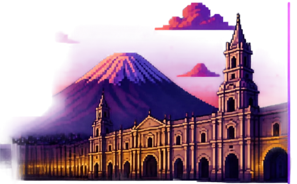 Ilustración pixel art del Misti y la Catedral de Arequipa de noche